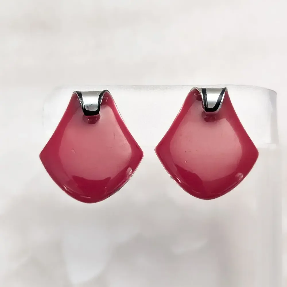 Vintage Clip On Earrings Very Unusual Red Enamel Curved Top - Some Marks